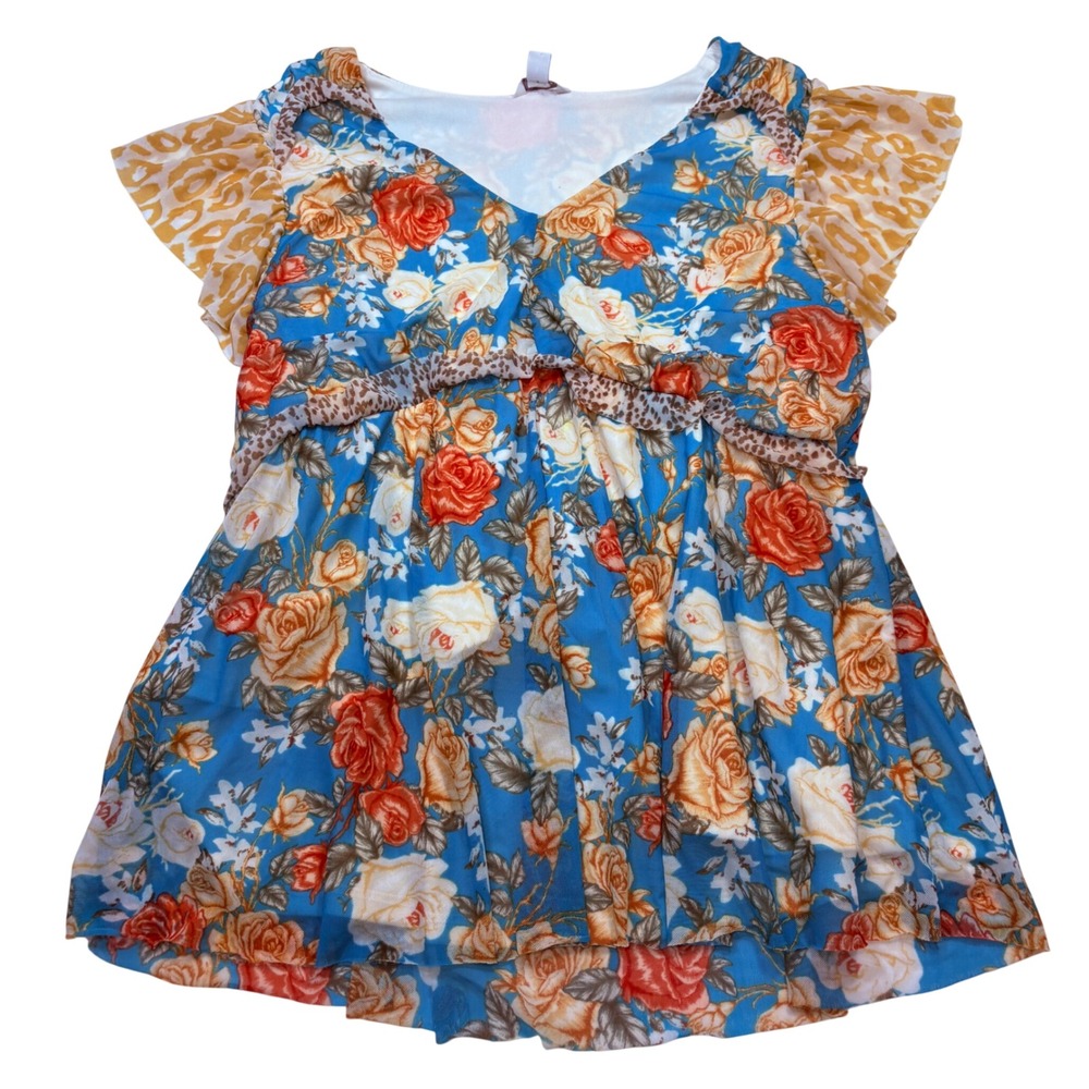 Cato Womens Blue Floral Leopard Print Empire Waist Flutter Sleeve Top Large